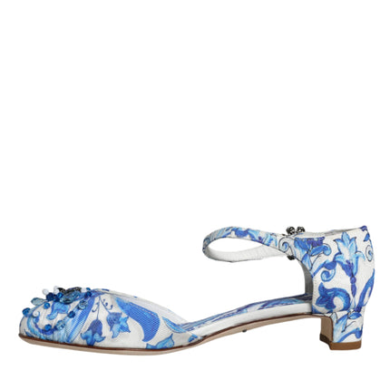 White Blue Majolica Print Ankle Strap Sandals Shoes