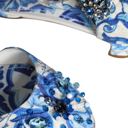 White Blue Majolica Print Ankle Strap Sandals Shoes