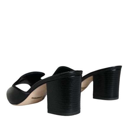 Black Logo Plaque Leather Heels Sandals Shoes