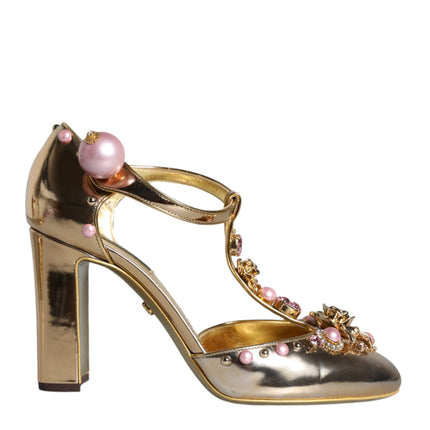 Gold Embellished Leather T-strap Heels Shoes