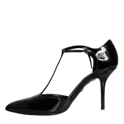 Black Patent Leather T-strap Heels Pumps Shoes