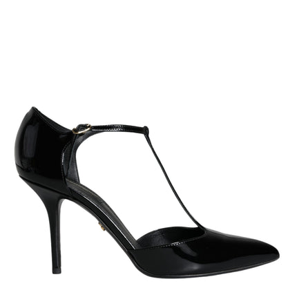 Black Patent Leather T-strap Heels Pumps Shoes