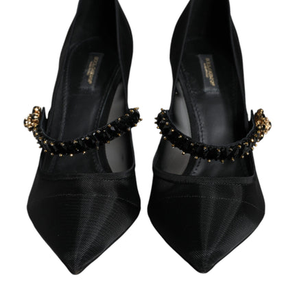 Black Mesh Mary Jane Crystal Heel Pumps Shoes