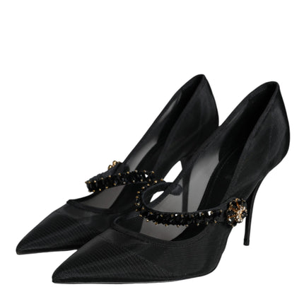 Black Mesh Mary Jane Crystal Heel Pumps Shoes