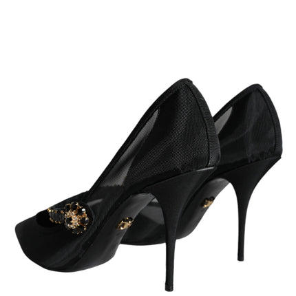 Black Mesh Mary Jane Crystal Heel Pumps Shoes