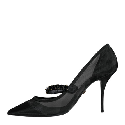 Black Mesh Mary Jane Crystal Heel Pumps Shoes