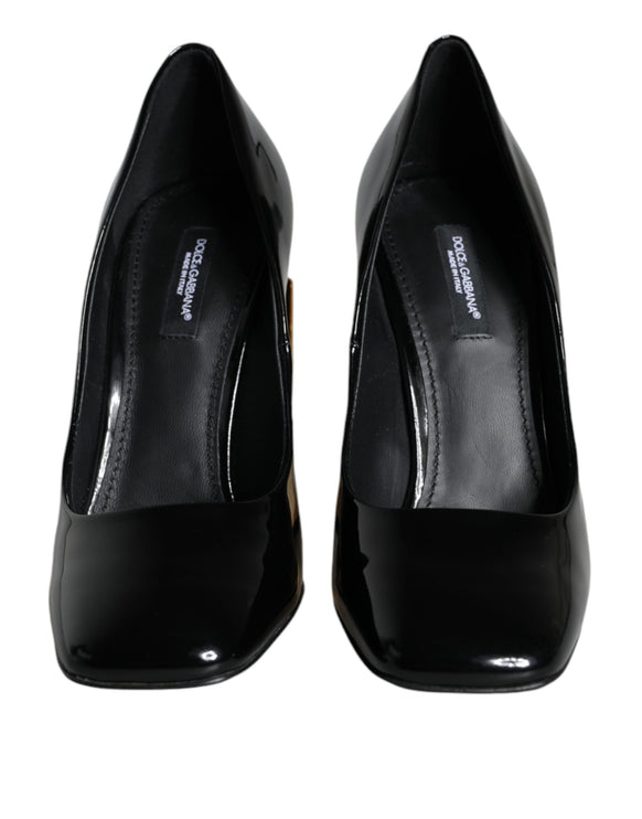 Black Gold Patent Leather Logo Heels Pumps Shoes