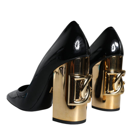 Black Gold Patent Leather Logo Heels Pumps Shoes