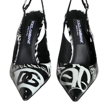 Black Graffiti Leather Slingback Heels Pumps Shoes