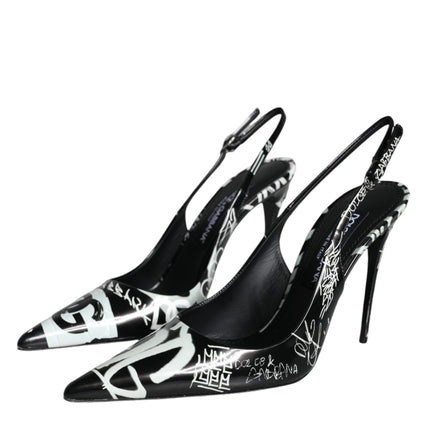 Black Graffiti Leather Slingback Heels Pumps Shoes