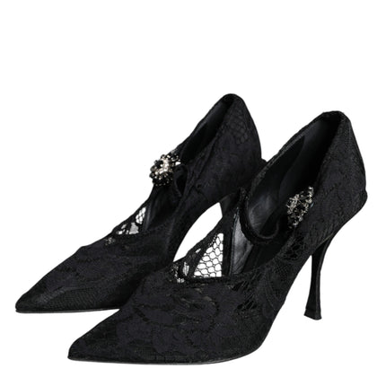 Black Mary Jane Pumps Lace Crystals Heels Shoes