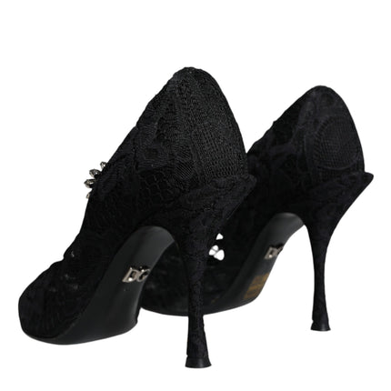 Black Mary Jane Pumps Lace Crystals Heels Shoes