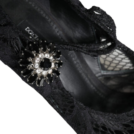 Black Mary Jane Pumps Lace Crystals Heels Shoes