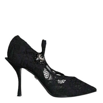 Black Mary Jane Pumps Lace Crystals Heels Shoes