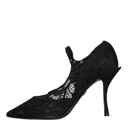 Black Mary Jane Pumps Lace Crystals Heels Shoes