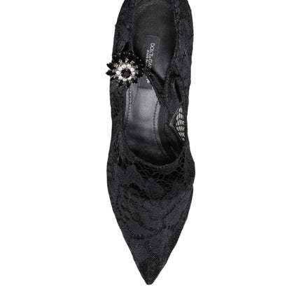 Black Mary Jane Pumps Lace Crystals Heels Shoes