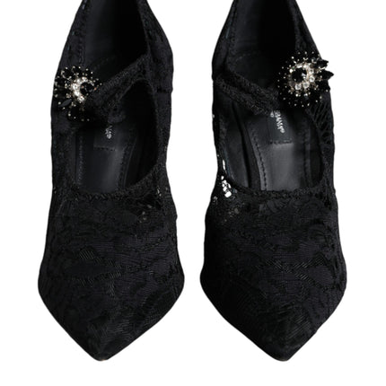 Black Mary Jane Pumps Lace Crystals Heels Shoes