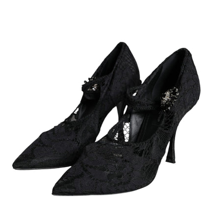 Black Mary Jane Pumps Lace Crystals Heels Shoes