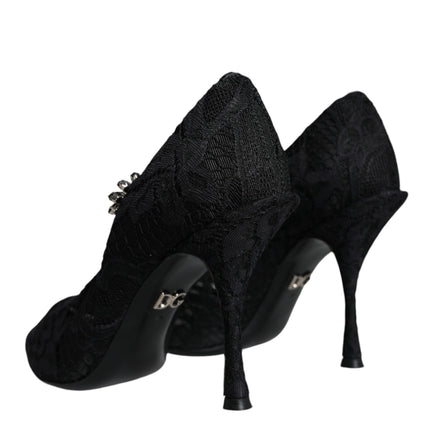 Black Mary Jane Pumps Lace Crystals Heels Shoes