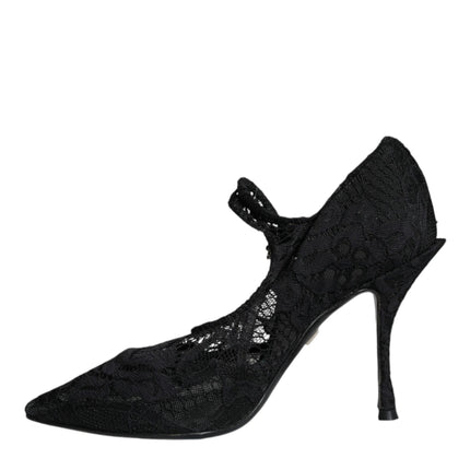 Black Mary Jane Pumps Lace Crystals Heels Shoes