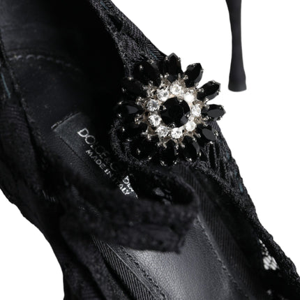 Black Mary Jane Pumps Lace Crystals Heels Shoes