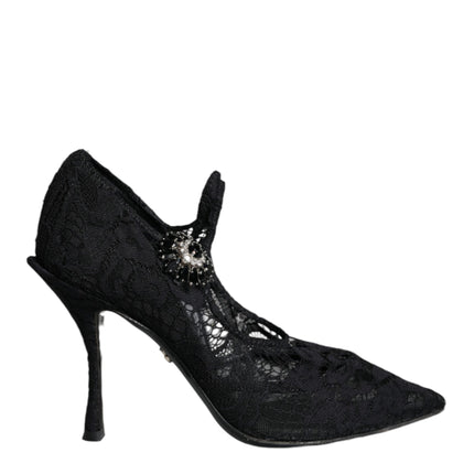 Black Mary Jane Pumps Lace Crystals Heels Shoes