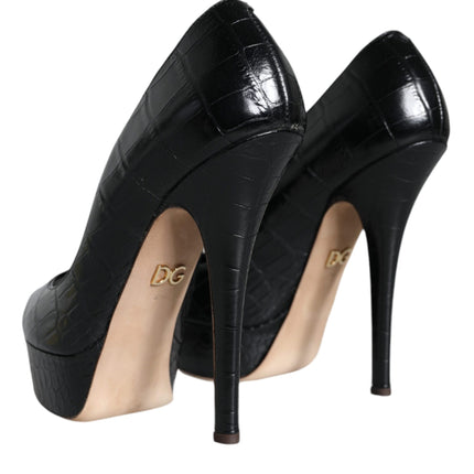 Black Leather Platform Heels Pumps Shoes