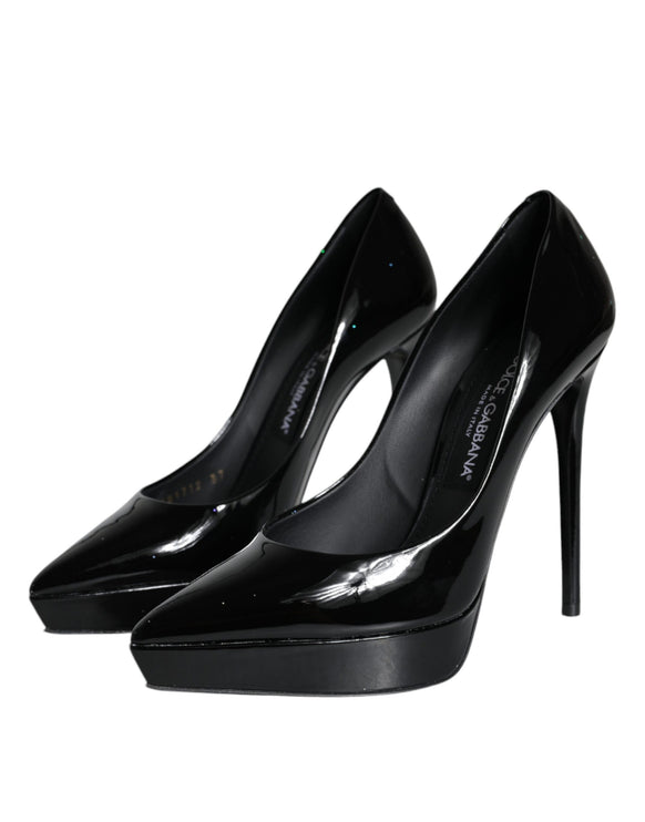 Black Leather Platform Heels Pumps Shoes