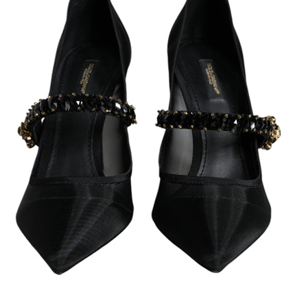 Black Mesh Mary Jane Crystal Heel Pumps Shoes