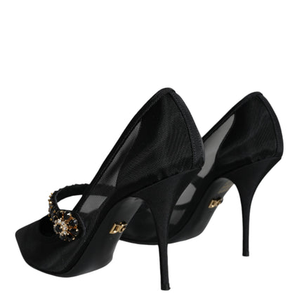 Black Mesh Mary Jane Crystal Heel Pumps Shoes