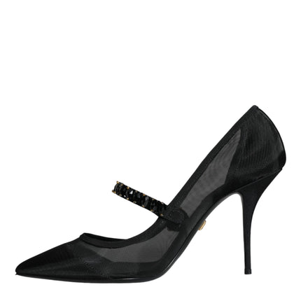 Black Mesh Mary Jane Crystal Heel Pumps Shoes