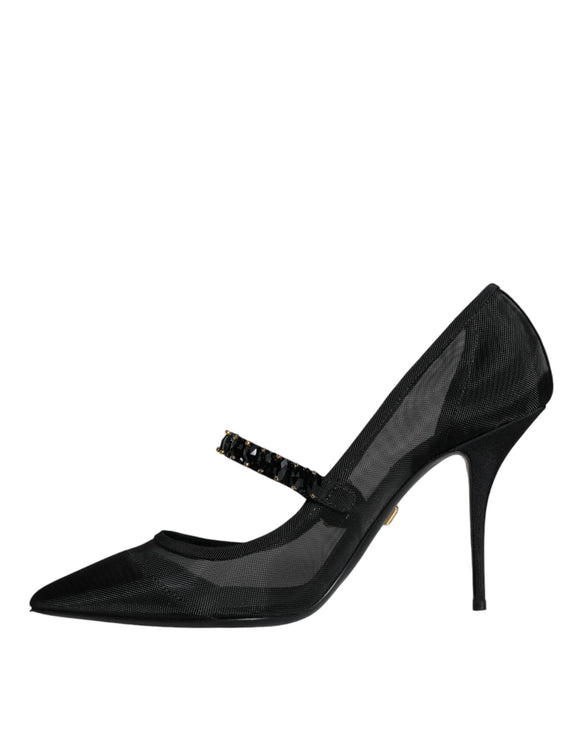 Black Mesh Mary Jane Crystal Heel Pumps Shoes