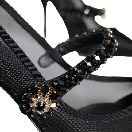 Black Mesh Mary Jane Crystal Heel Pumps Shoes