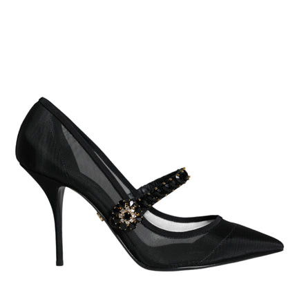 Black Mesh Mary Jane Crystal Heel Pumps Shoes