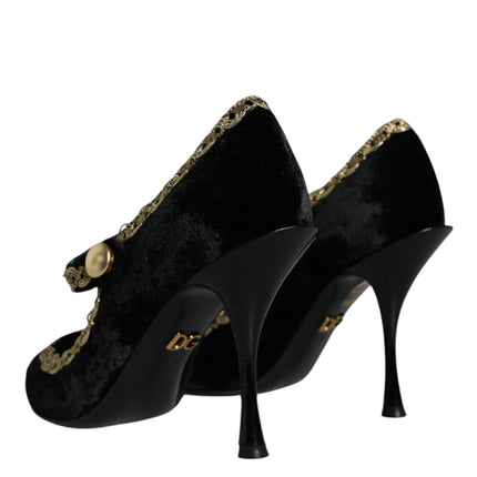 Black Mary Janes Velvet Gold Pumps Shoes