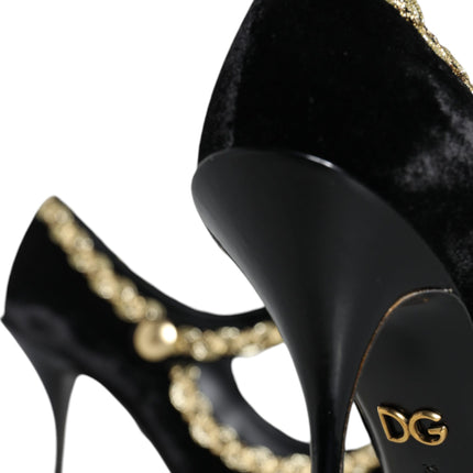 Black Mary Janes Velvet Gold Pumps Shoes