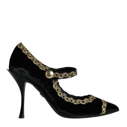 Black Mary Janes Velvet Gold Pumps Shoes