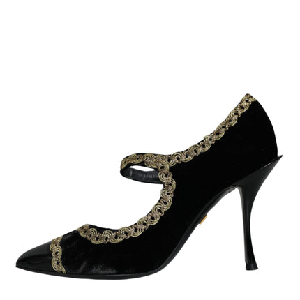 Black Mary Janes Velvet Gold Pumps Shoes