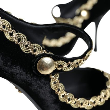 Black Mary Janes Velvet Gold Pumps Shoes