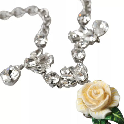 Silver Brass Clear Crystal Roses Pendants Necklace