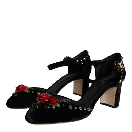 Black Velvet Roses Ankle Strap Pumps Shoes