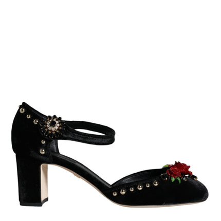 Black Velvet Roses Ankle Strap Pumps Shoes