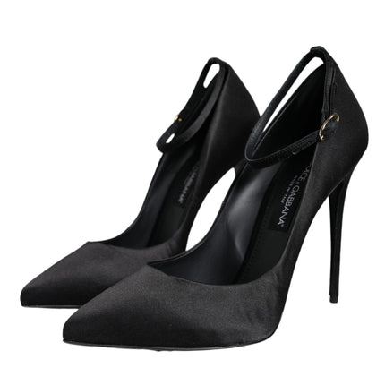 Black Satin Ankle Strap Heels Pumps Shoes