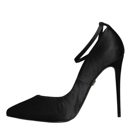 Black Satin Ankle Strap Heels Pumps Shoes