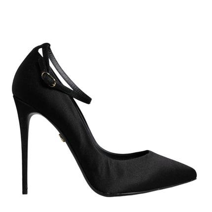 Black Satin Ankle Strap Heels Pumps Shoes