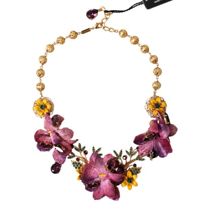 Gold Brass Mix Fiori Flowers Crystal Chain Necklace