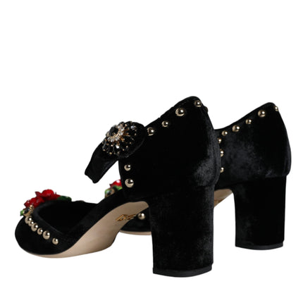 Black Velvet Roses Ankle Strap Pumps Shoes