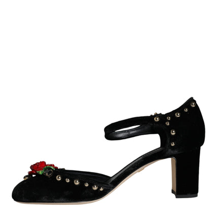 Black Velvet Roses Ankle Strap Pumps Shoes