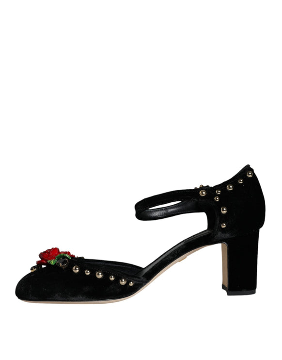 Black Velvet Roses Ankle Strap Pumps Shoes