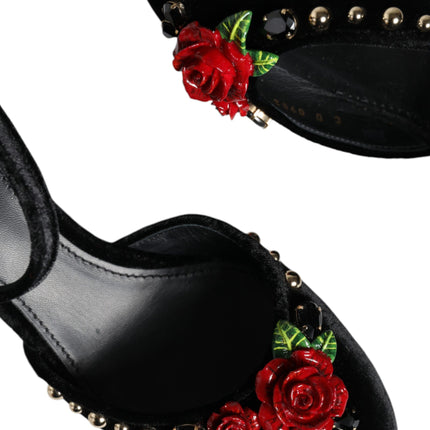 Black Velvet Roses Ankle Strap Pumps Shoes